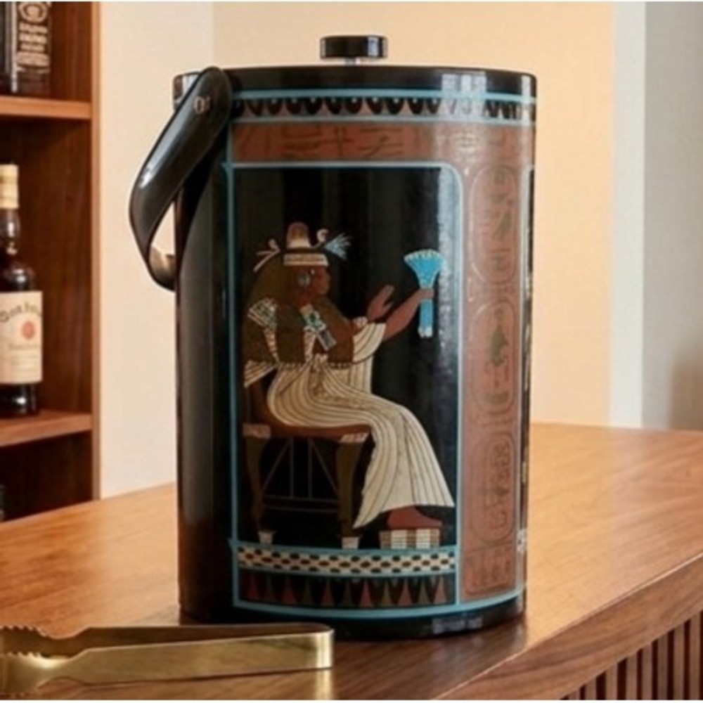 Vintage Georges Briard Egyptian Revival Ice Bucket Blk Hieroglyphics MCM Barware